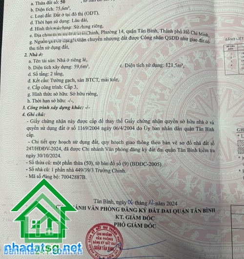 BÁN NHÀ TÂN BÌNH – HXH – NHỈNH 6 TỶ – 76M² – 3 TẦNG – 3PN – SỔ VUÔNG 2025 * Kết cấu: 1 trệt, 1 lầu, sân thượng – 3PN, 2WC. * Vị trí đẹp: Giáp khu Bàu Cát, sát mặt tiền, khu VIP đầy đủ tiện ích. 